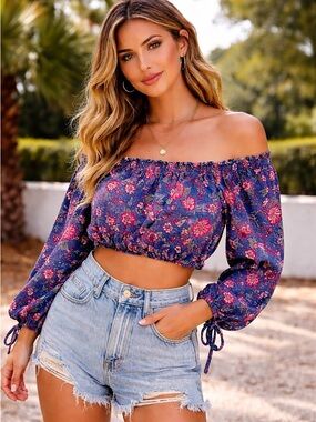 Live to Be Spoiled Floral Off Shoulder Crop Top Boho Blue XL